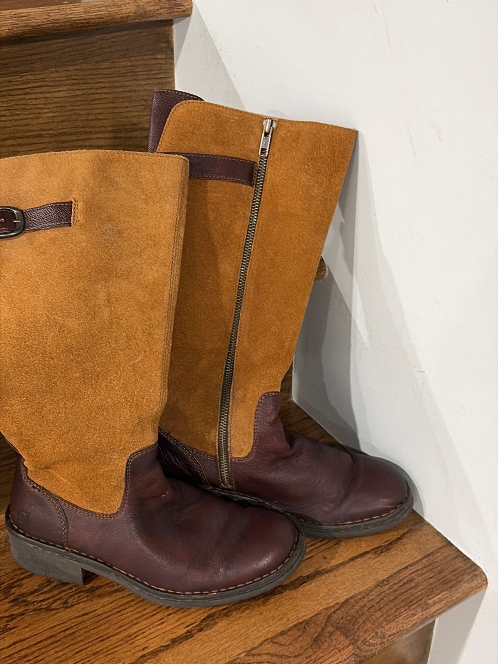 Born Two-Tone Suede & Leather Mid-Calf Boots in Tan and Brown